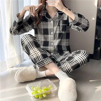 Korėjos Pledas Spausdinti Rudenį Pižama Nustatyti Moterų Derliaus Viename Krūtinėmis Marškinėliai + Kelnės Nustatyti Dviejų Dalių Namo Kostiumas Harajuku Sleepwear