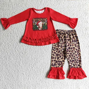 Kalėdų drabužius vakarų drabužių karvė spausdinti raudona raukiniai tunika su leopardas antblauzdžiai didmeninė vaikams dėvėti vaikiški drabužiai komplektas